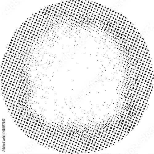 A densely patterned black and white circle dominates the with numerous small dots.