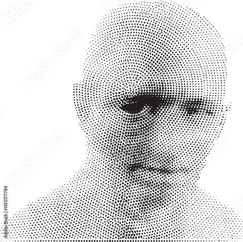 A grayscale portrait reveals a contemplative individual through a dense pointillist .