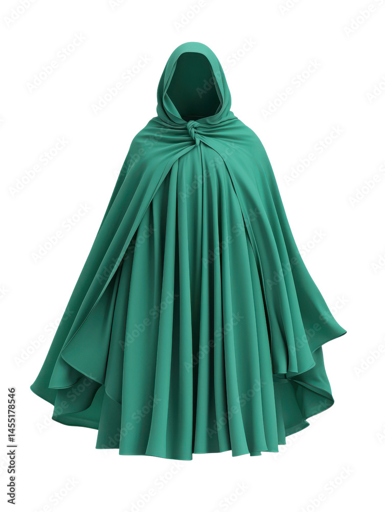 Naklejka premium A striking emerald green cloak drapes elegantly with a hood, showcasing rich folds and flowing fabric.