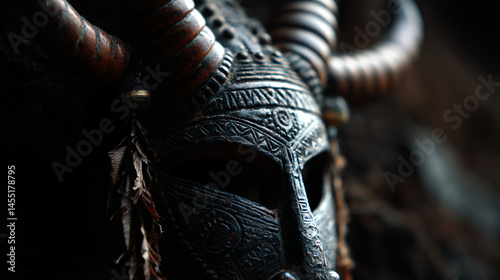 An elaborate tribal mask adorned with intricate designs and horns, stand for fertile cultural heritage.