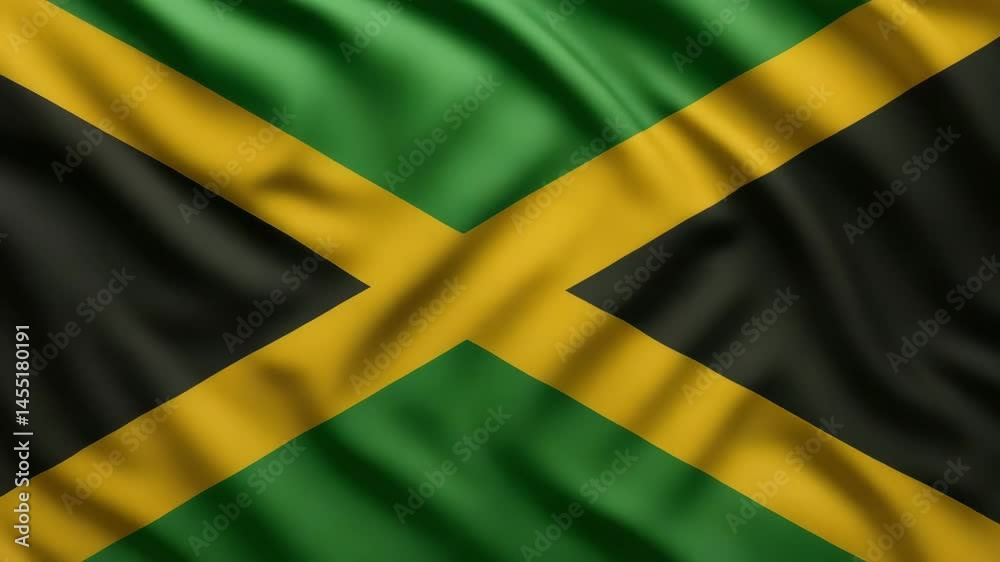 The Jamaican flag with a gold diagonal cross dividing green and black triangles waving in the wind. 
Concept of national pride and cultural heritage.