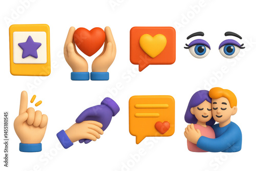 3D icon set of kindness practices: compliment card, heart in hands, thank you note, caring eyes, gentle gesture, helping icon, warm message, peaceful hug.