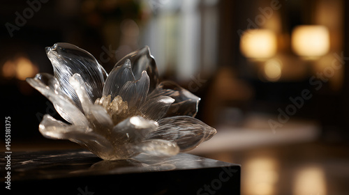 An elegant glass sculpture of a heyday with intricate detail placed in a sophisticated indoor setting. photo