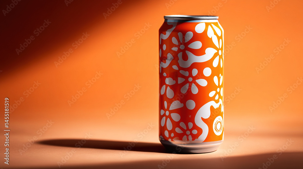 Obraz premium A close-up photo of a soda can sitting on an orange table with a white flower design on its side