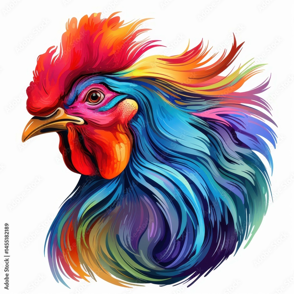 This vibrant rooster art showcases a blend of colors against a clean white backdrop, making it eyecatching and unique. This vibrant rooster art showcases a blend of colors against a clean white backdrop, making it eyecatching and unique.
