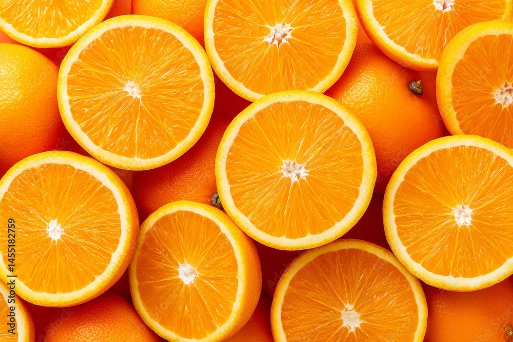 Fresh oranges sliced in half displaying vibrant orange pulp and juicy texture Fresh oranges sliced in half displaying vibrant orange pulp and juicy texture