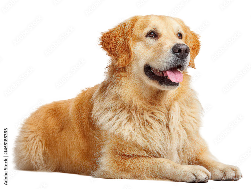 Golden retriever resting with a joyful expression on its face, showcasing a fluffy coat against a transparent background perfect for various creative uses Golden retriever resting with a joyful expression on its face, showcasing a fluffy coat against a transparent background perfect for various creative uses