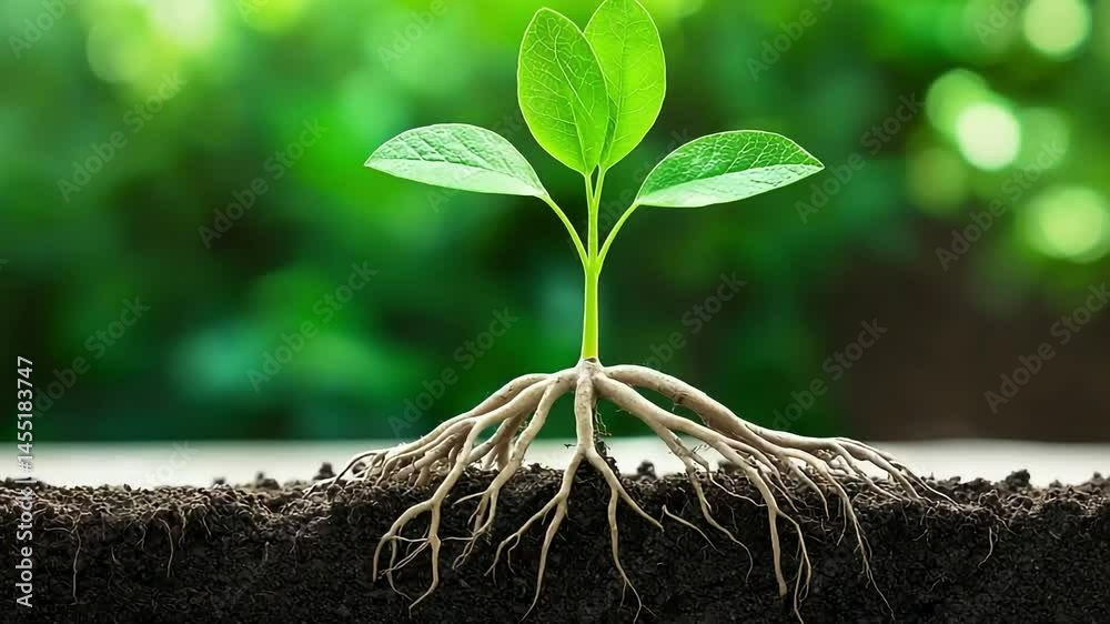 Small plant with exposed roots against a blurred green background, symbolizing growth and new life