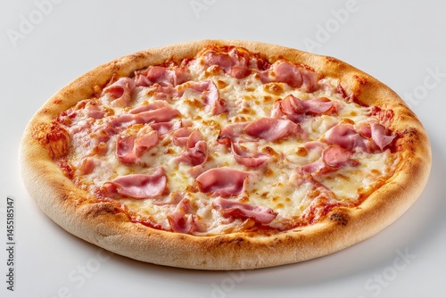 Delicious ham and cheese pizza, perfect for a casual meal. The golden-brown crust and melted cheese make it irresistible.