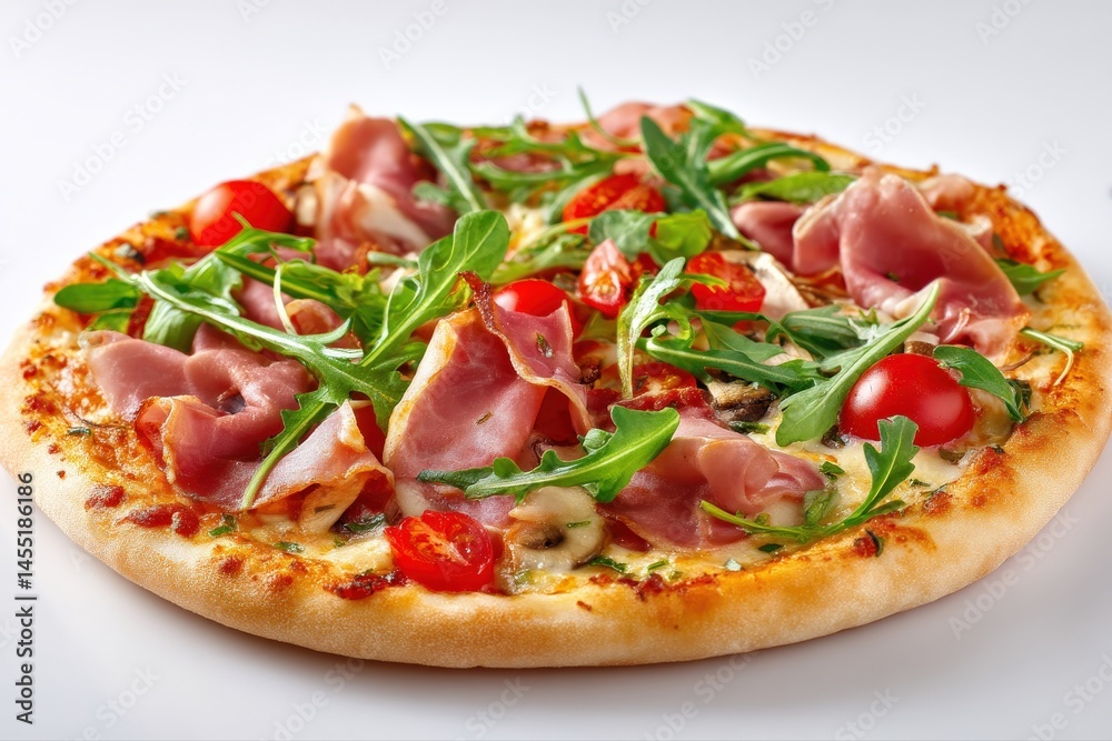 Delicious pizza topped with prosciutto, arugula, cherry tomatoes, and mushrooms. A perfect Italian-inspired meal. Delicious pizza topped with prosciutto, arugula, cherry tomatoes, and mushrooms. A perfect Italian-inspired meal.