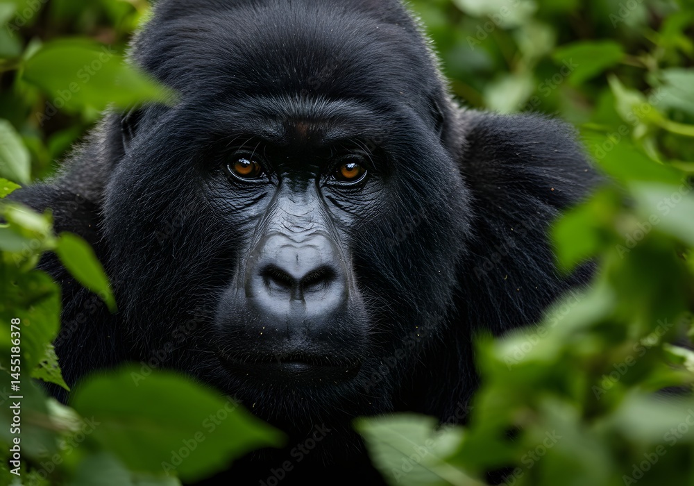 Obraz premium Majestic Silverback Gorilla in Lush Green Foliage, Close-Up Portrait.
