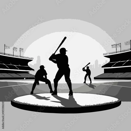 <Silhouette of Baseball Players in Action at Stadium: Batter, Catcher, and Umpire in Professional Sports Competition>