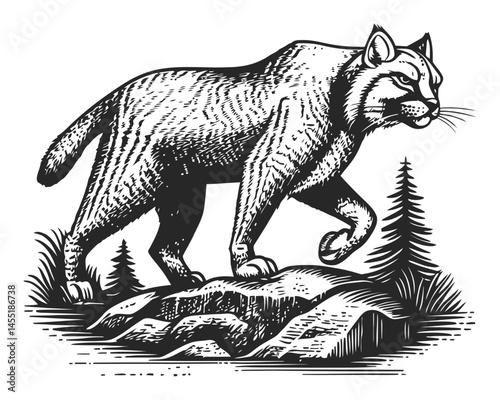 Detailed illustration of a wild cat walking in a forest landscape