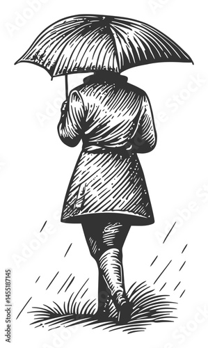 Woman Walking with Umbrella in Rainy Weather, Vintage Illustration Style