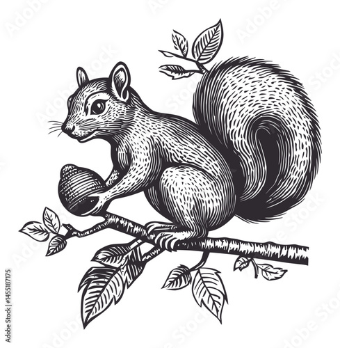 Squirrel with Acorn Sitting on Branch Surrounded by Green Leaves