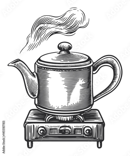Vintage Teapot Steaming on Stove in Hand-Drawn Style Illustration