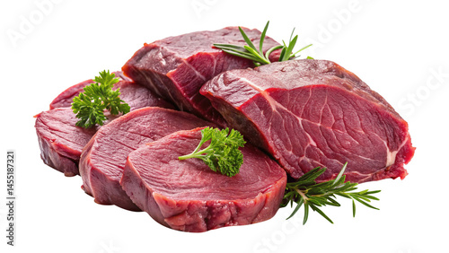 Closeup view of fresh raw red meat steaks garnished with rosemary and parsley