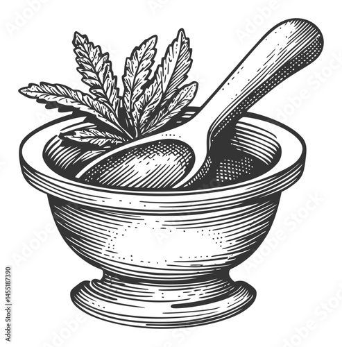 Vintage Mortar and Pestle with Fresh Herbs in Black and White Illustration