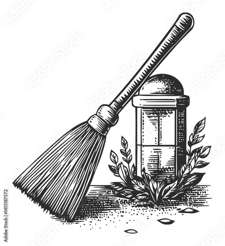 Vintage Style Broom and Dustpan with Hand Drawn Decorative Elements