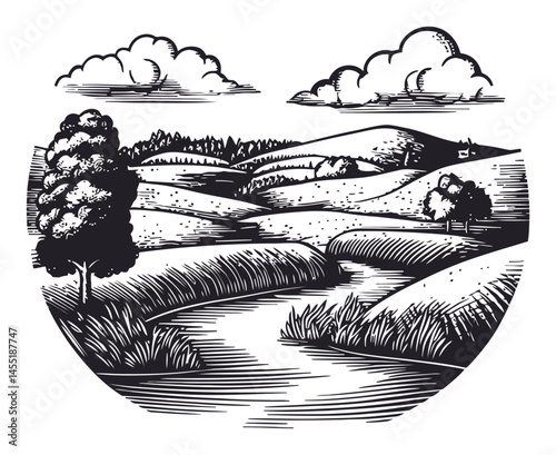 Serene Countryside Landscape with Trees and Rolling Hills in Black and White