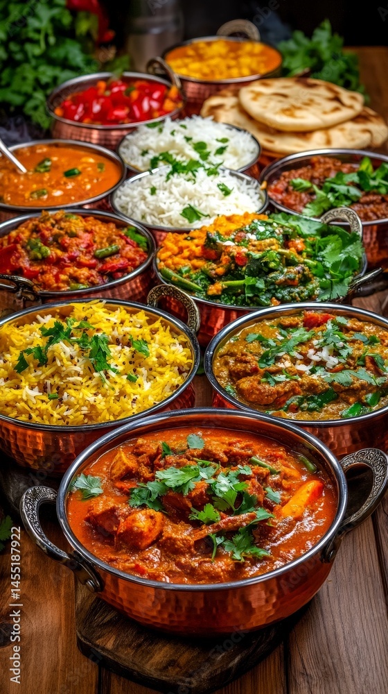 Fototapeta premium Indian Curry Buffet with Various Dishes and Sides, Perfect for Culinary Events and Catering Services