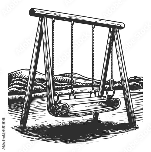 Vintage Wooden Swing Set in Scenic Outdoor Landscape Illustration