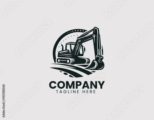 Heavy equipment backhoe vector logo design. Industrial construction vehicle with clean and minimal branding.