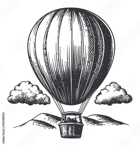 Vintage Hot Air Balloon Illustration with Clouds and Mountains Landscape