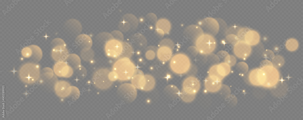 Golden bokeh with stars and sparkles, shiny overlay decoration isolated on grey background. Vector illustration.