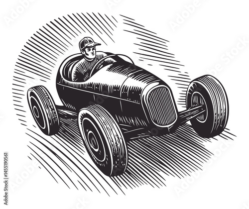 Vintage Race Car Driver in Classic Racing Car Illustration