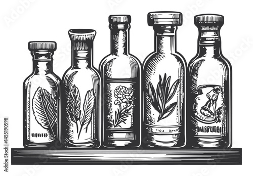Vintage Glass Bottles with Herbal Illustrations on a Wooden Shelf