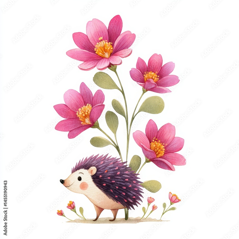 Obraz premium Cute hedgehog with pink flowers watercolor illustration