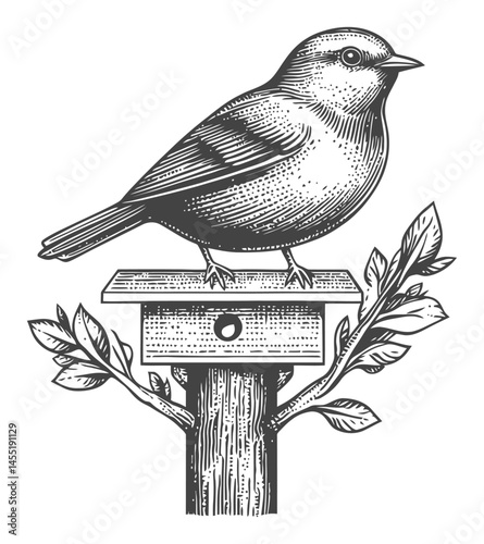 Bird Sitting on Birdhouse Surrounded by Leaves in Vintage Style Illustration