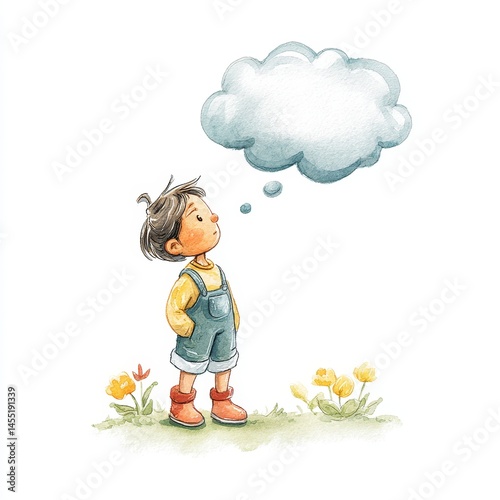Young asian child daydreaming in garden with thought cloud