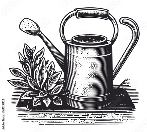 Vintage Watering Can Surrounded by Lush Green Plants and Herbs