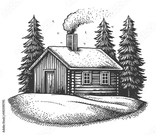 Rustic log cabin nestled in pine trees with smoke rising from chimney