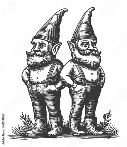 Vintage Woodcut Style Illustration of Two Gnomes Standing Together