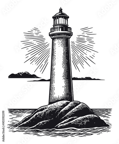 Vintage Lighthouse Illustration with Radiant Beams and Rocky Shoreline