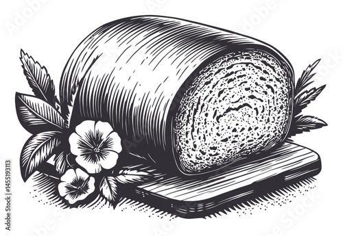 Freshly Baked Bread on Cutting Board Surrounded by Flowers and Leaves