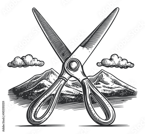 Vintage Scissors Over Mountains with Clouds in Black and White Style