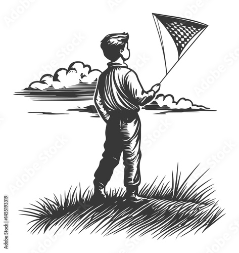 Vintage Boy with Kite against a Scenic Background in Black and White
