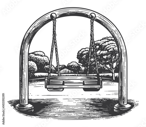 Old-fashioned swing set in a park surrounded by trees and nature