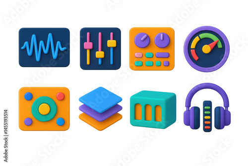 3D icon set of sound designer tools: waveform, audio mixer, plugin interface, frequency dial, surround icon, audio layers, reverb box, headphone meter.