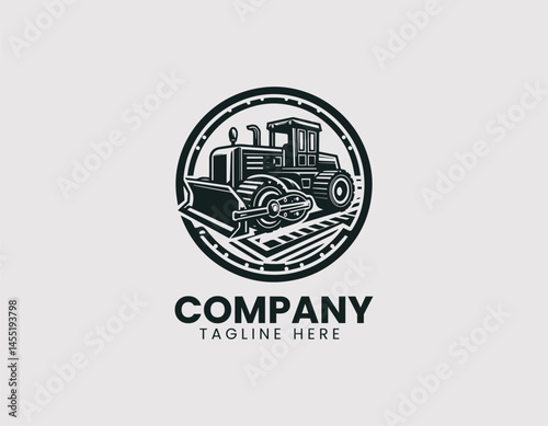 Grader vector logo design. Heavy roadwork machinery illustration in industrial modern theme.