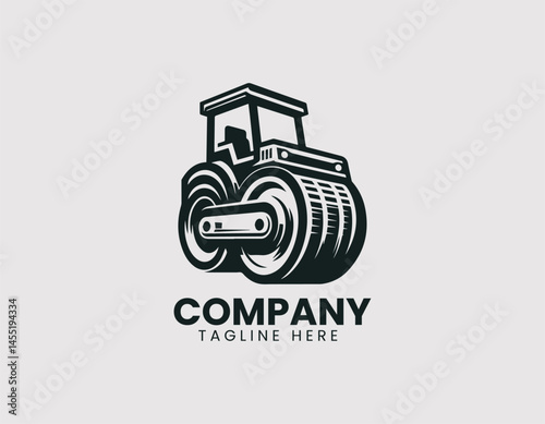 Modern heavy equipment roller vector logo illustration. Industrial compactor machine for construction branding.