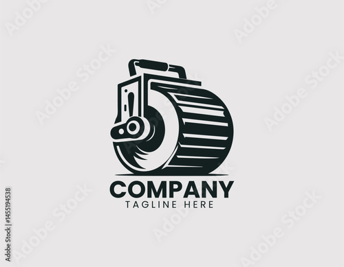 Heavy road roller vector logo illustration. Industrial machinery design with modern construction theme.