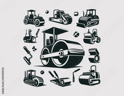 Heavy road roller vector logo illustration. Industrial machinery design with modern construction theme.