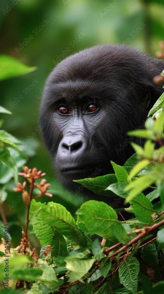 Close-up of a young Gorilla peering through green vegetation, captured in a natural habitat with an intense gaze Close-up of a young Gorilla peering through green vegetation, captured in a natural habitat with an intense gaze