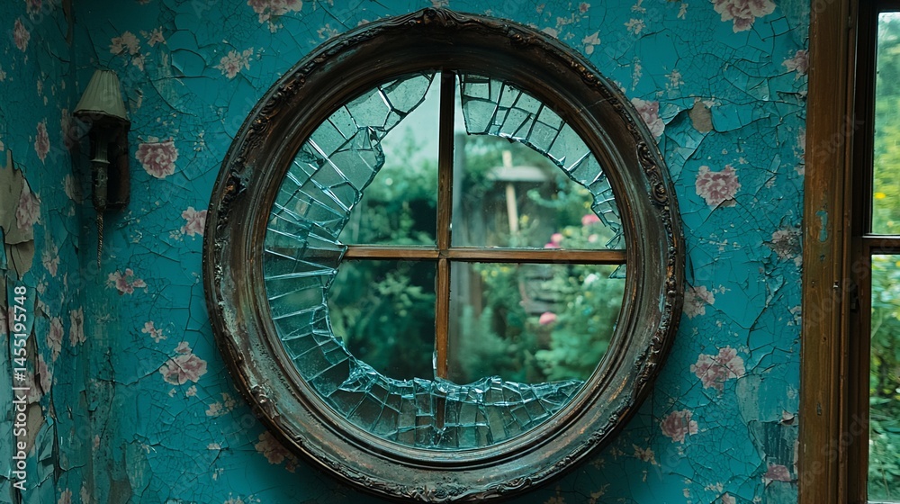 Fototapeta premium Broken window in ornate frame on teal wall
