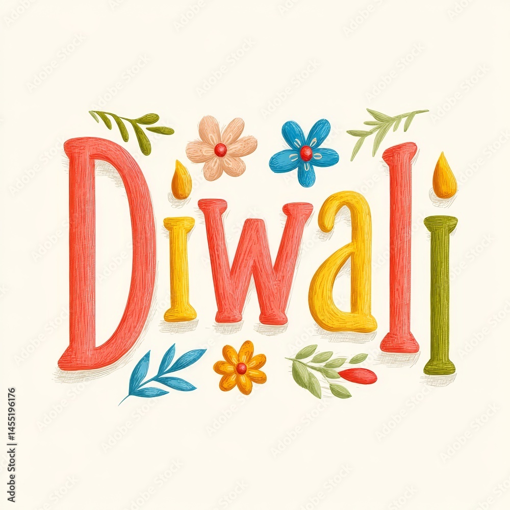 Obraz premium Colorful diwali typography with flowers and leaves